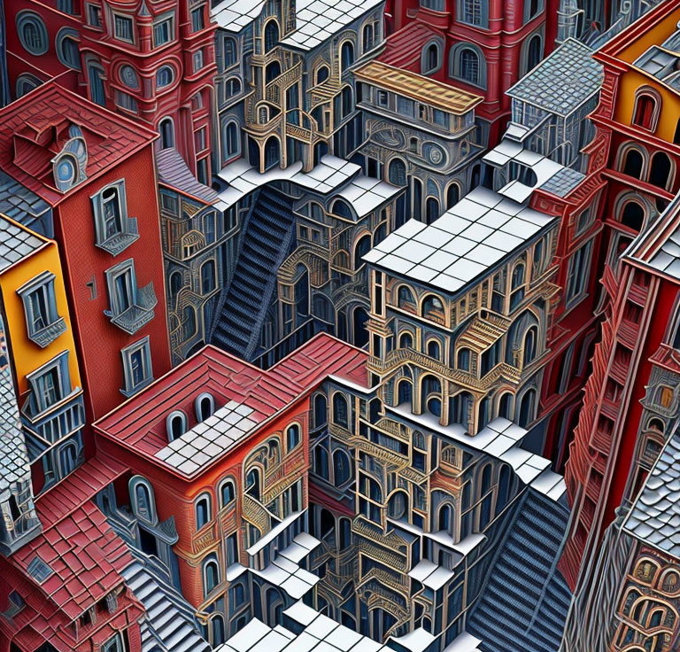 Surreal multi-level architectural labyrinth in vibrant red and blue buildings