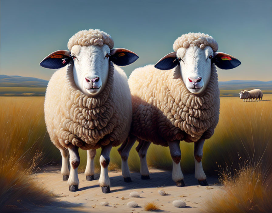 Illustrated sheep in golden field with third sheep in background