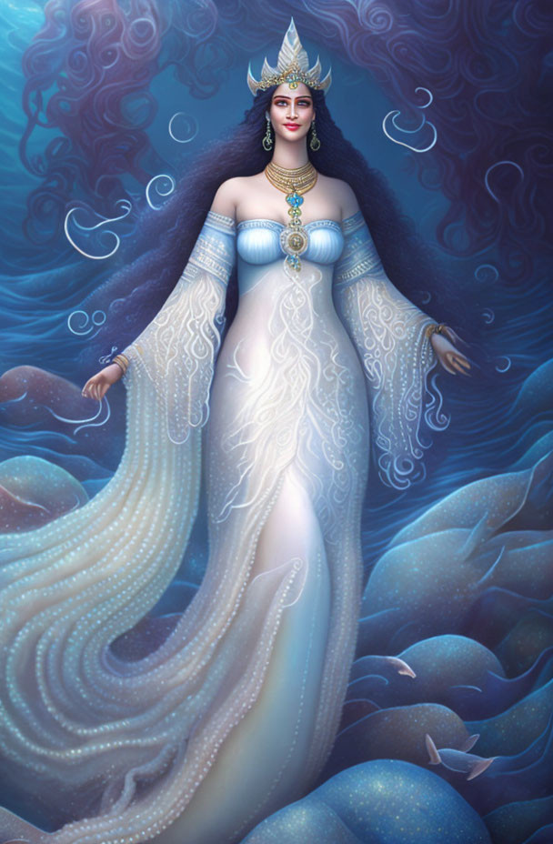 Ethereal goddess-like figure in swirling blue setting with glowing gown