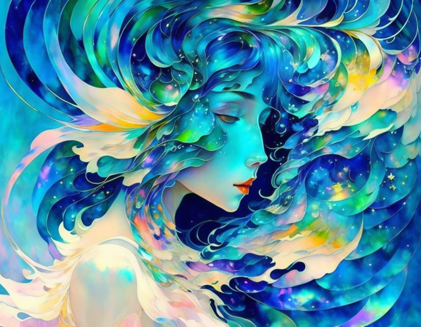 Colorful artwork of woman with cosmic and aquatic elements