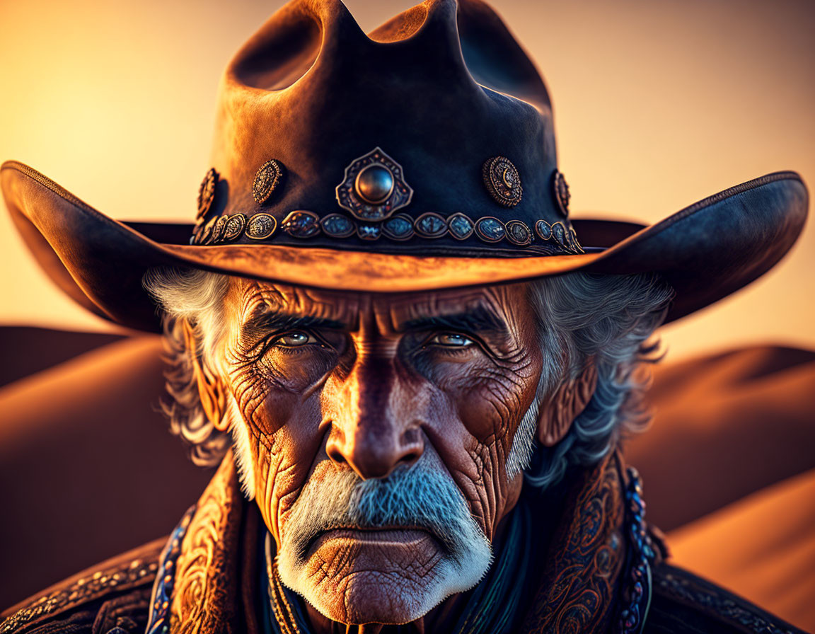 Weathered old man in ornate cowboy hat and bandana against dusky sky