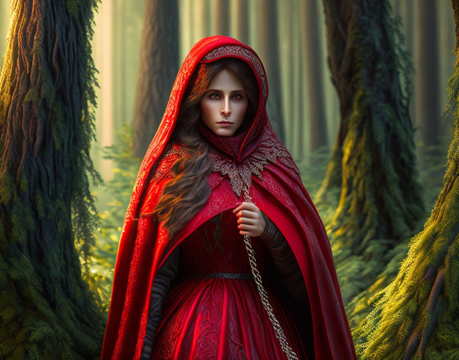 Misty forest scene with woman in red cloak