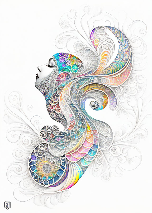 Abstract face profile with colorful swirling patterns on white background