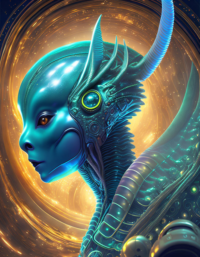 Blue-skinned alien in ornate armor against cosmic backdrop