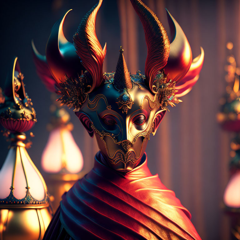 Golden and Red Ornate Mask with Horn-like Protrusions on Warm Background