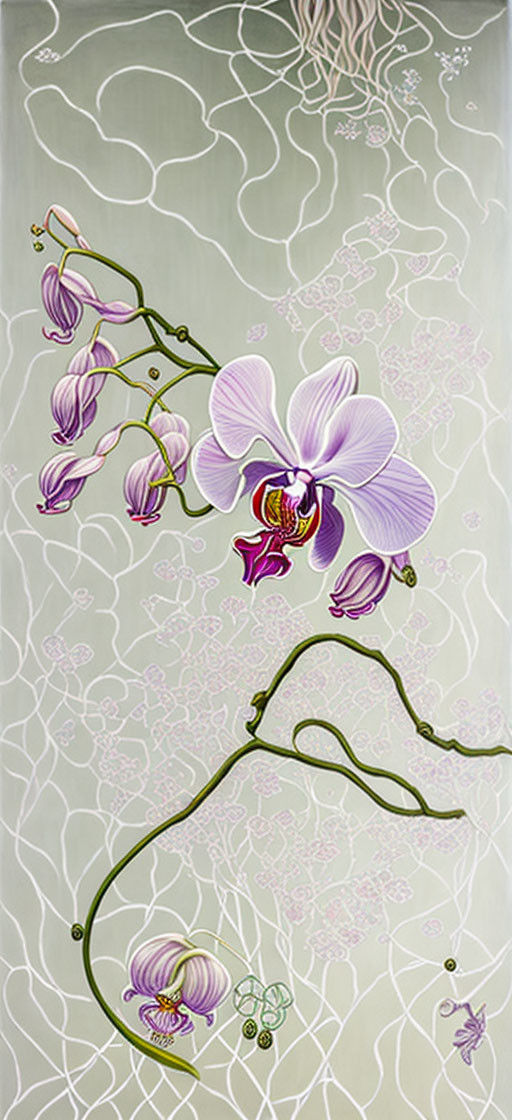 Detailed vertical painting of blooming purple orchid on textured light background.