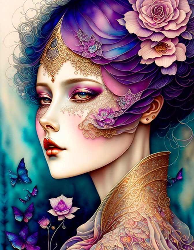 Illustrated portrait of woman with violet hair and gold floral patterns, surrounded by butterflies.