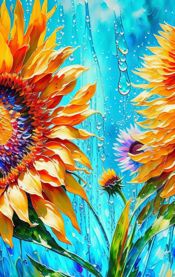 Sunflower Painting: Rich Yellow and Orange Petals on Blue Background