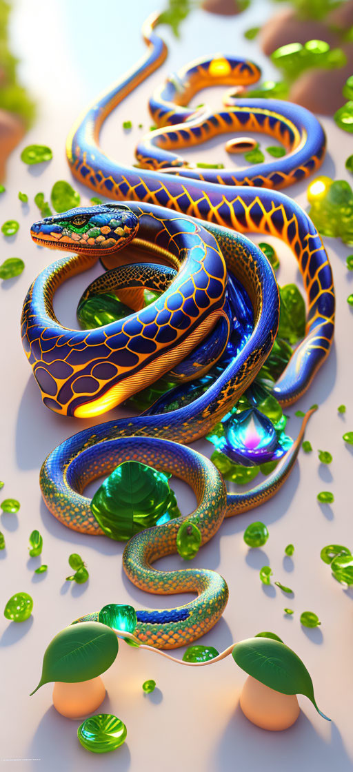 Colorful Digital Snake Among Green Leaves and Water Droplets