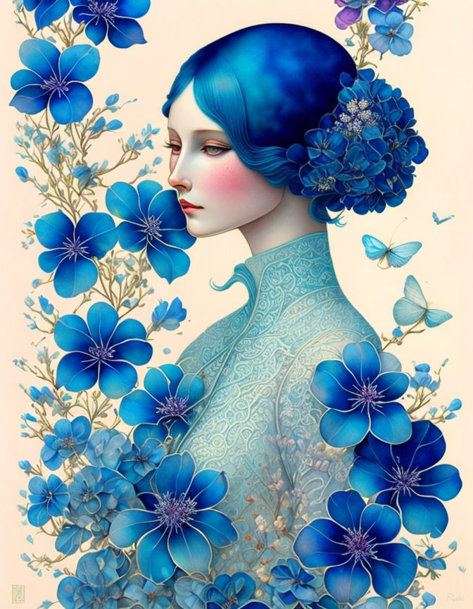 Illustrated portrait of woman with blue hair, surrounded by blue flowers and butterflies on pale background