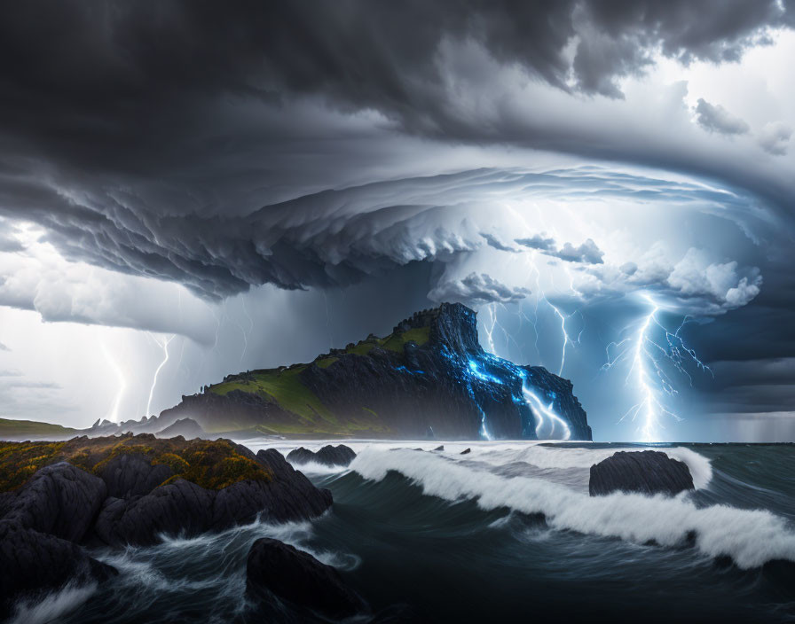 Stormy Coastal Scene with Dark Clouds and Lightning