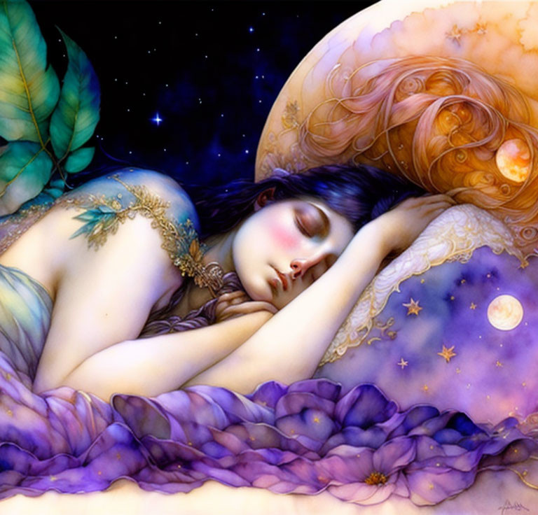 Colorful illustration of serene woman in celestial nature setting