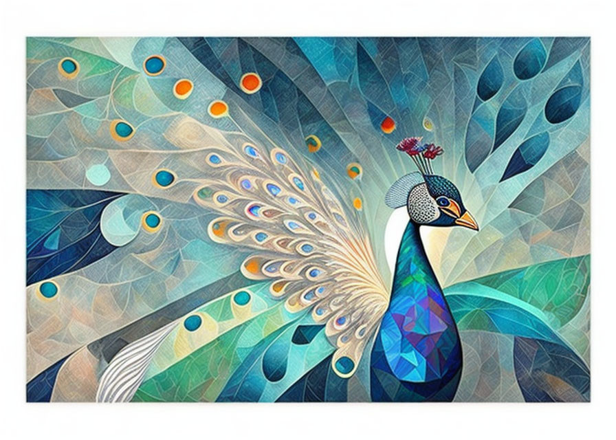 Colorful peacock mosaic in blues and greens with orange and teal accents