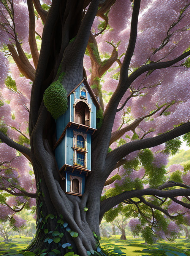 Whimsical multi-story treehouse in forest with pink blossoming trees