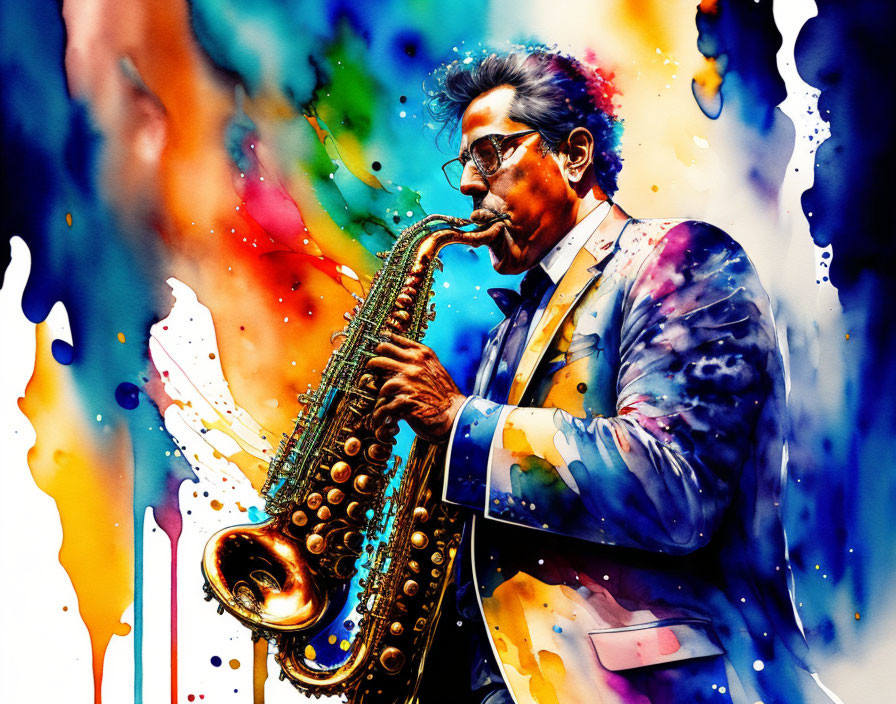 Colorful Watercolor Illustration of Man Playing Saxophone