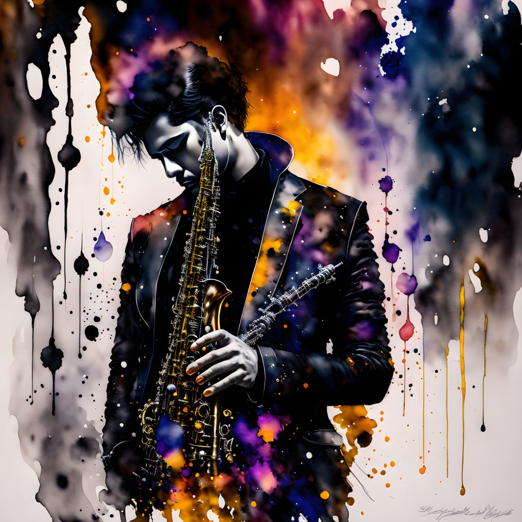 Colorful painting of person playing saxophone with vibrant abstract background