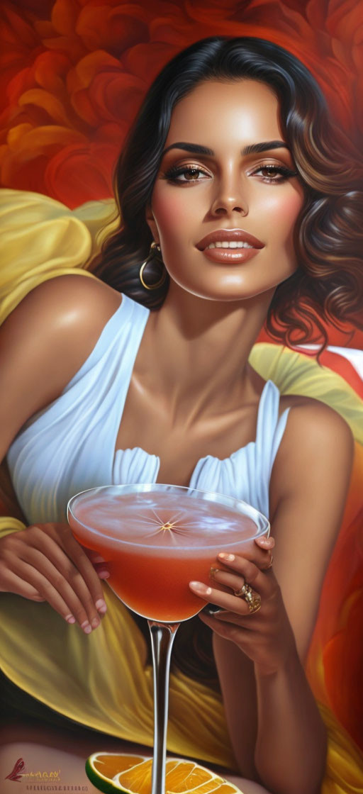 Dark-Haired Woman Holding Cocktail with Red and Orange Background