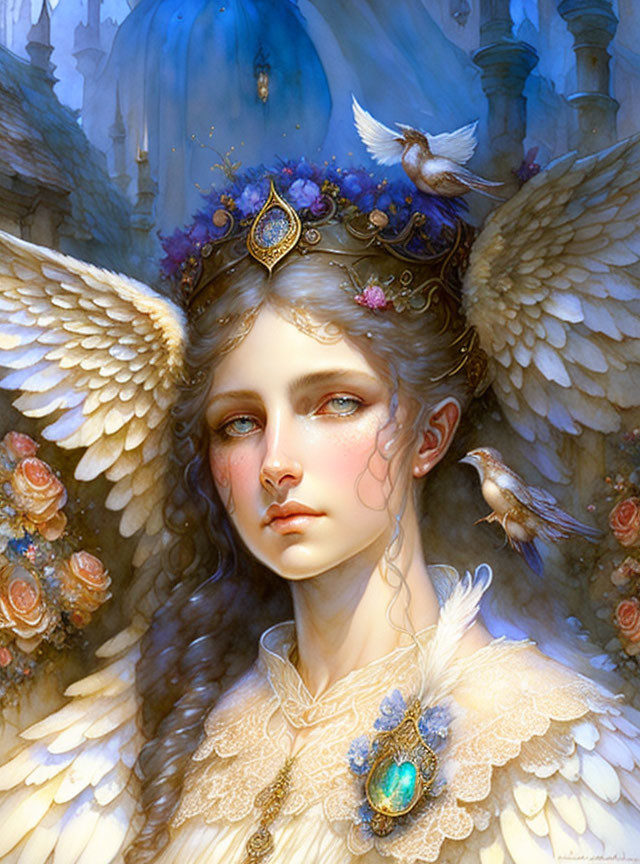 Ethereal angelic figure with white wings, jeweled crown, and bird in soft blue light