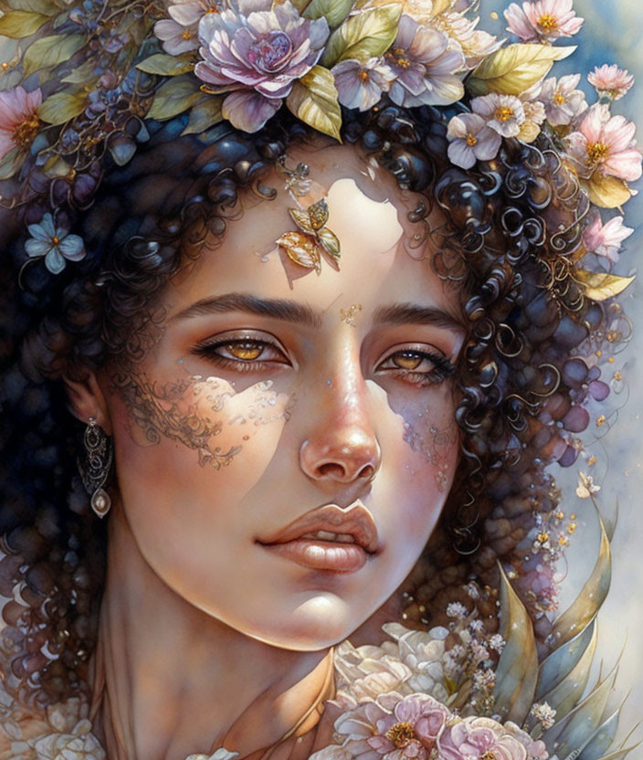 Portrait of woman with curly hair, floral crown, freckles, and bee on forehead