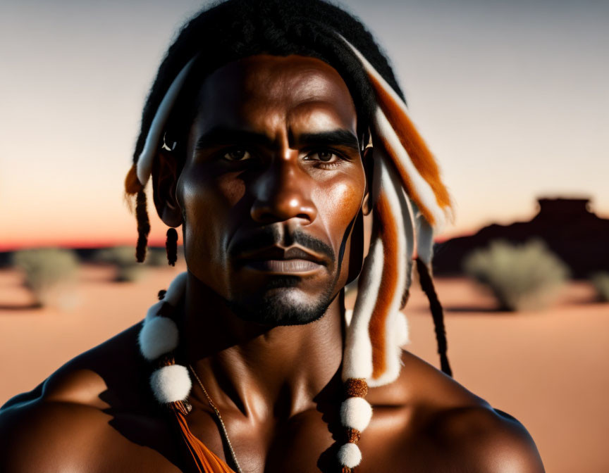 Man with Beaded Dreadlocks in Desert Sunset Portrait