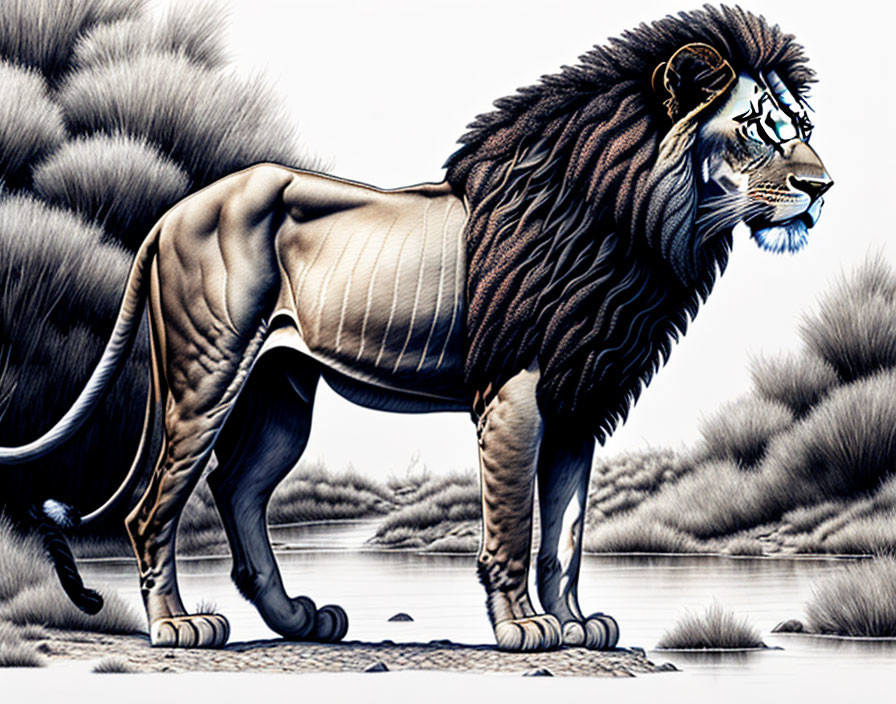 Muscular lion with dramatic mane in blue and natural tones on grayscale savanna.