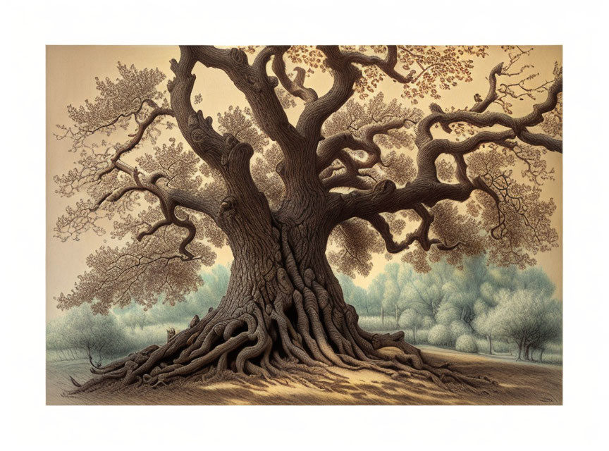 Ancient grand tree illustration with expansive branches