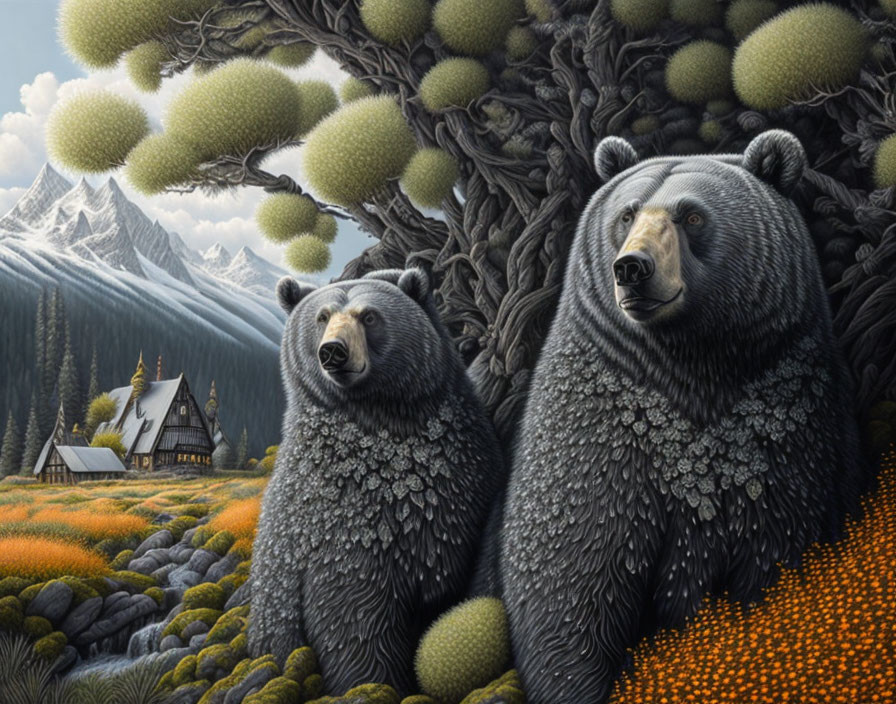 Detailed Stylized Bears in Surreal Forest with Alpine Cabin