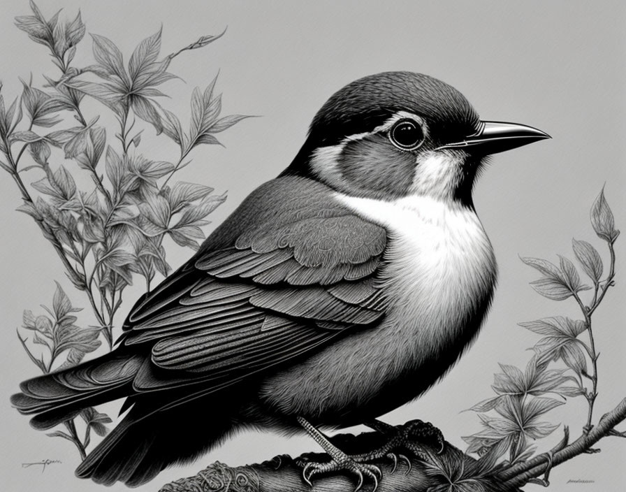 Detailed grayscale bird illustration perched on branch with leaves.