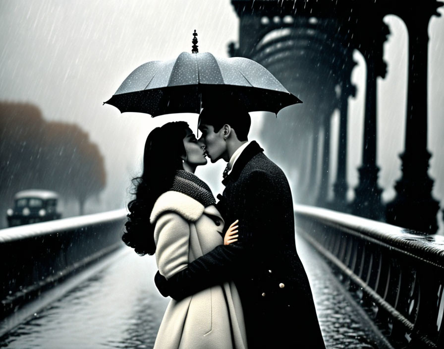 Romantic couple kissing under umbrella in vintage rainy day scene