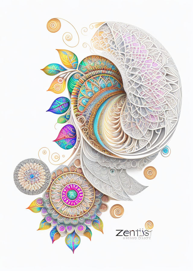 Vibrant digital artwork with fractal-like design and leaf motifs