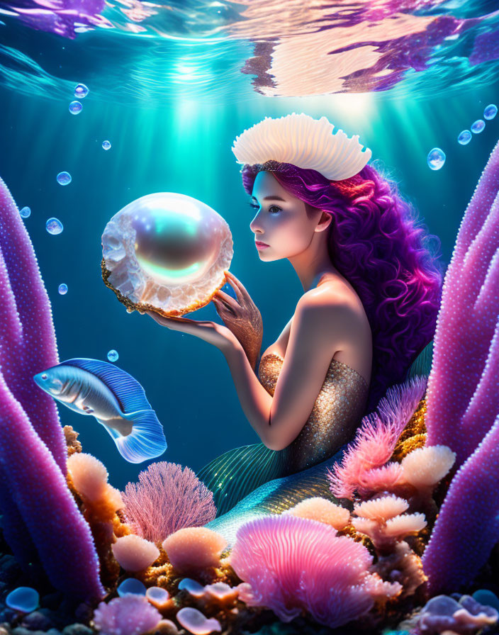 Purple-haired mermaid admires glowing pearl in underwater scene with coral and fish.