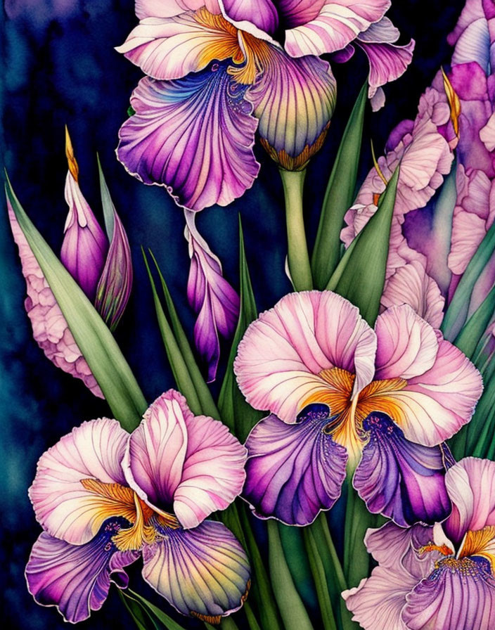 Detailed Purple and Pink Iris Flowers on Dark Blue Background