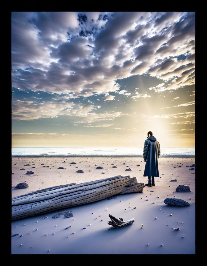 Solitary figure on beach at sunset gazes at dramatic cloudscape