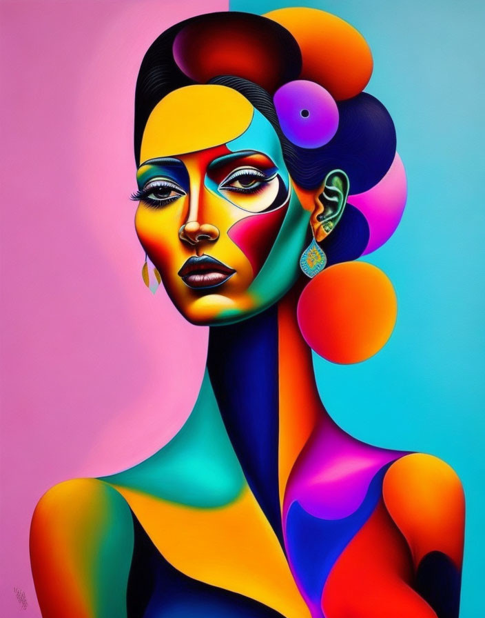 Colorful portrait of stylized woman with bold makeup and vibrant palette.