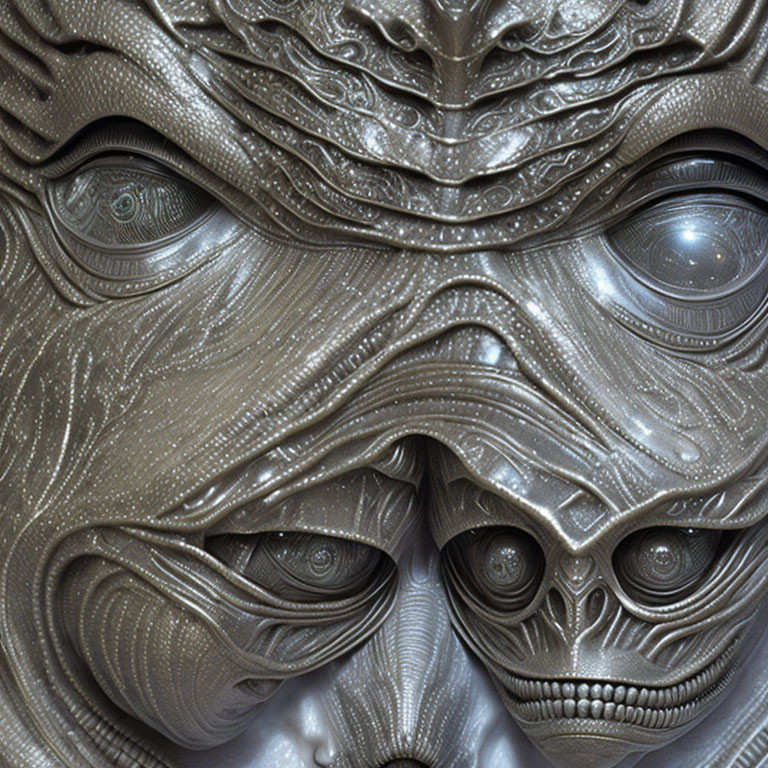 Metallic textured mask with intricate eye designs and patterns.