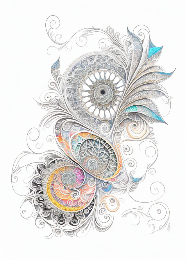 Detailed Abstract Drawing with Swirl and Mandala Designs on White Background