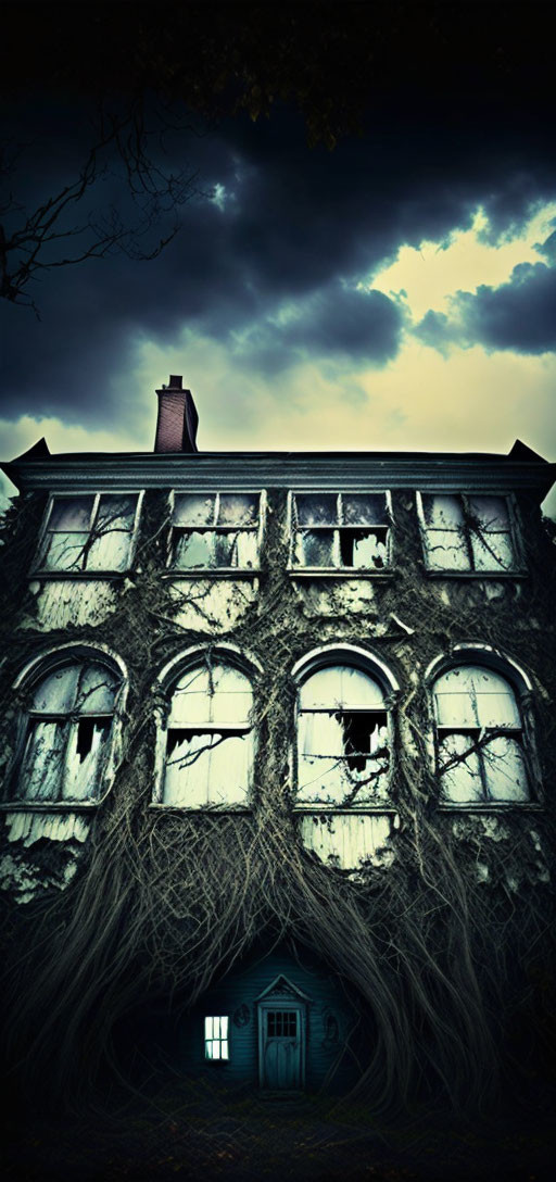 Eerie, dilapidated house engulfed by dark vines under stormy sky