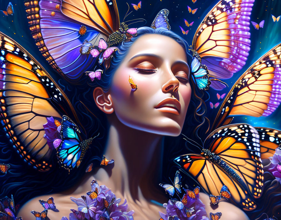 Illustration: Woman surrounded by vibrant butterflies symbolizing serenity and nature connection