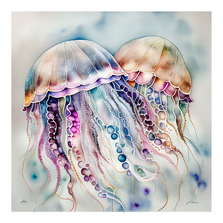 Translucent iridescent jellyfish in watercolor art