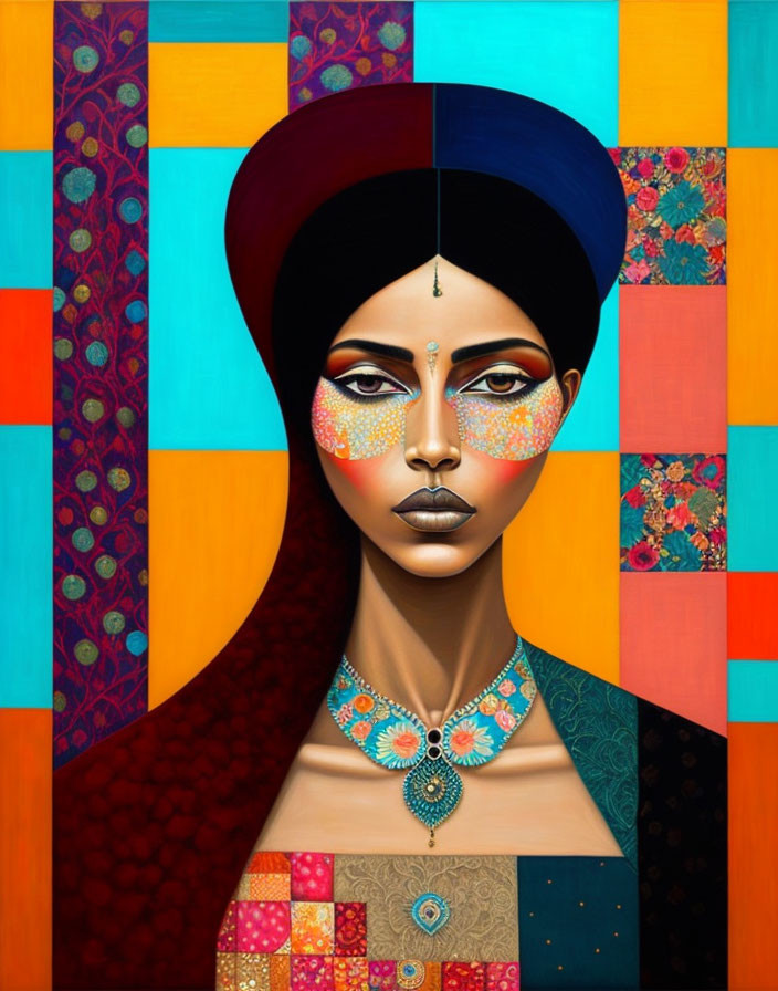 Symmetrical face paint woman with high headwrap against colorful kaleidoscopic background