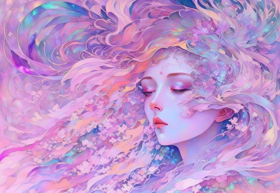 Vibrant artwork of woman with pastel-hued hair in fantasy setting