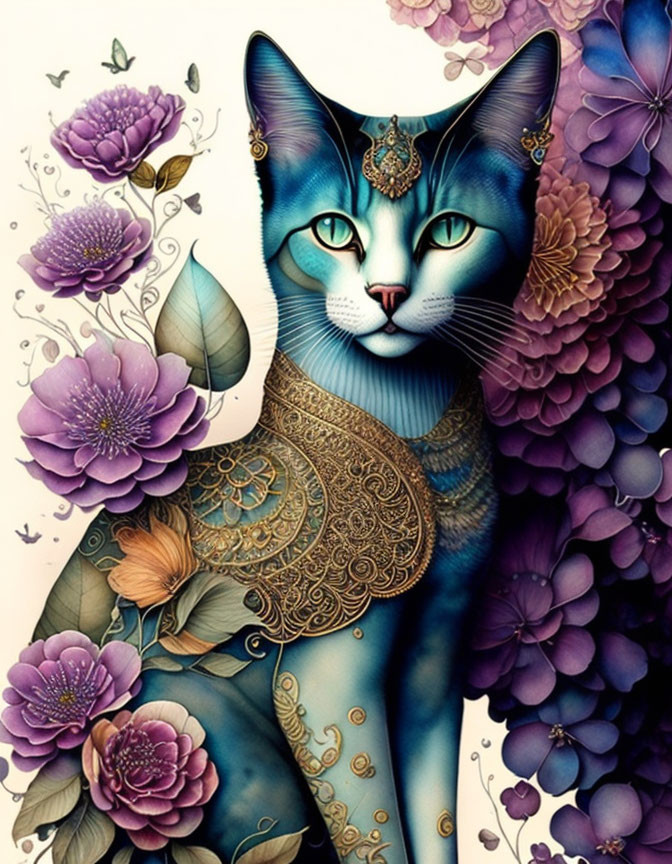 Detailed Blue Cat Artwork with Green Eyes and Ornate Necklace surrounded by Flowers