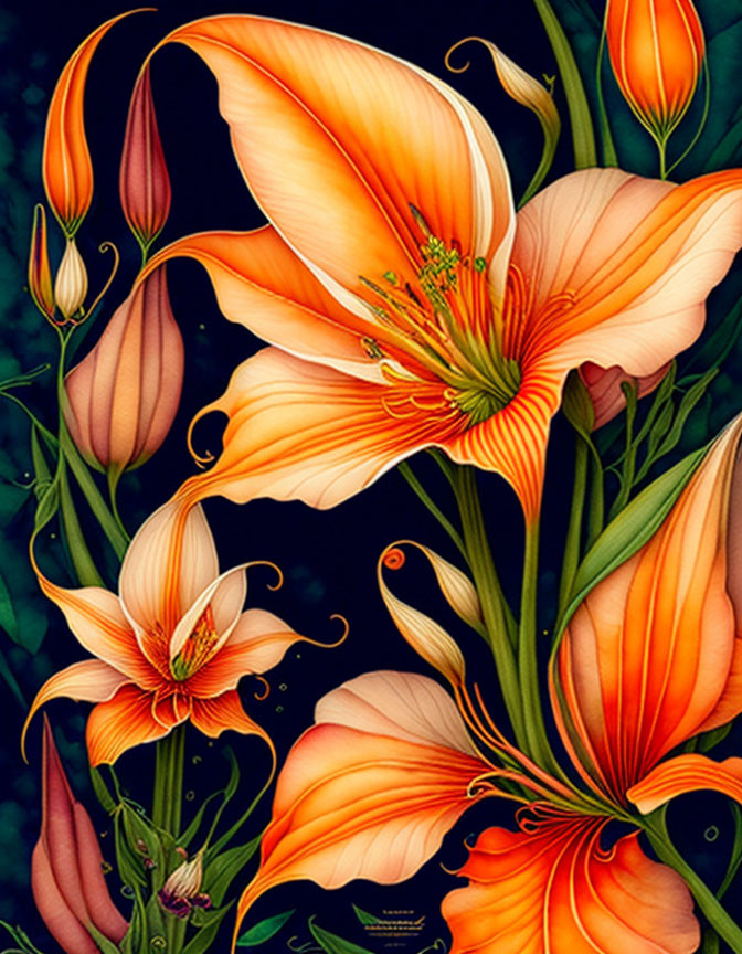 Vibrant orange lilies with delicate petals and dark green foliage.