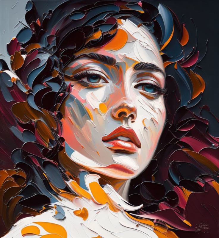 Stylized portrait of a woman with swirling strokes in black, white, orange, and red