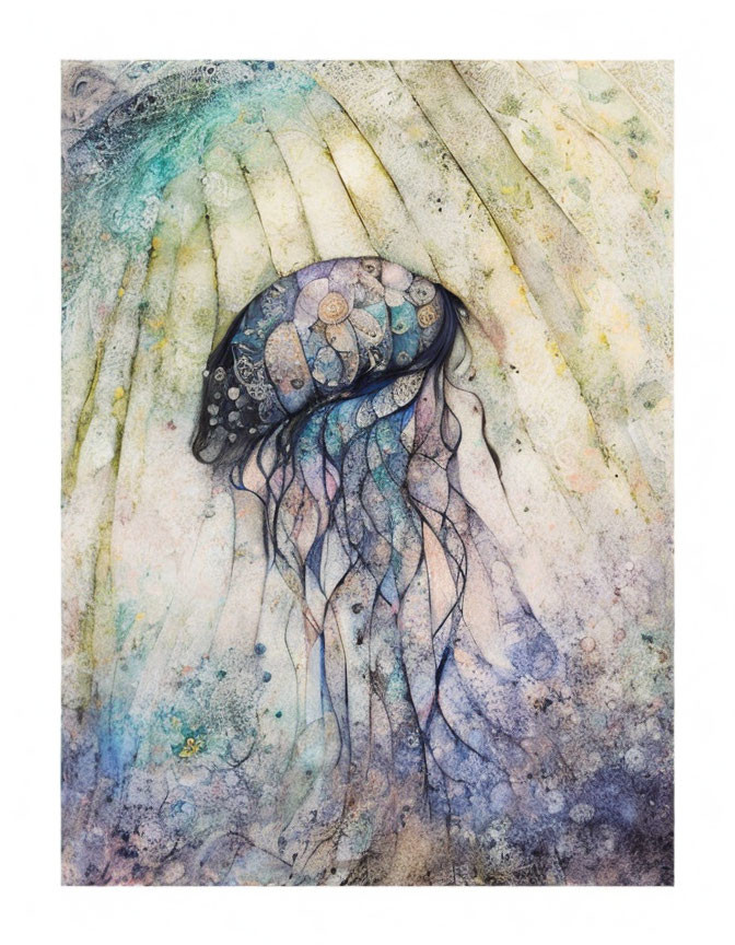 Translucent jellyfish watercolor painting with patterned dome and flowing tentacles