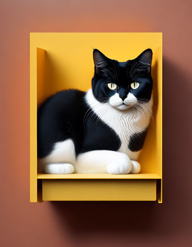 Black and White Cat with Green Eyes in Yellow Niche on Peach Background