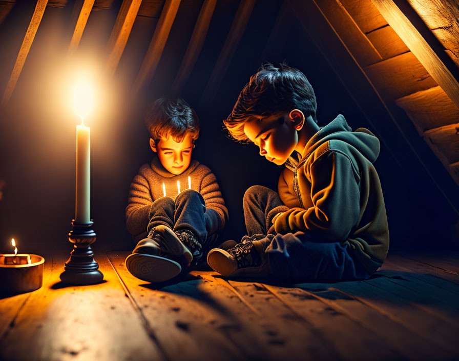 Children reading book in attic by candlelight