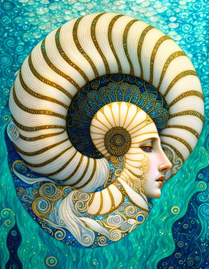 Stylized female profile with spiral headdress on turquoise background