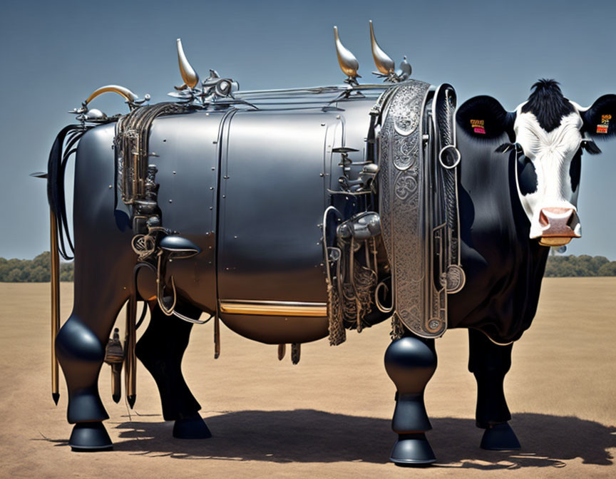 Surreal cow-tank fusion with silver decor on beige background