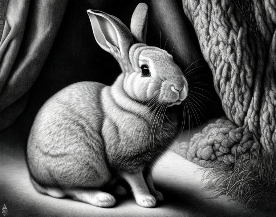 Detailed Black and White Rabbit Artwork Among Soft Wool Textures